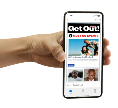 Hand holding phone displaying a Nashville event email featuring 3OH!3 performance.