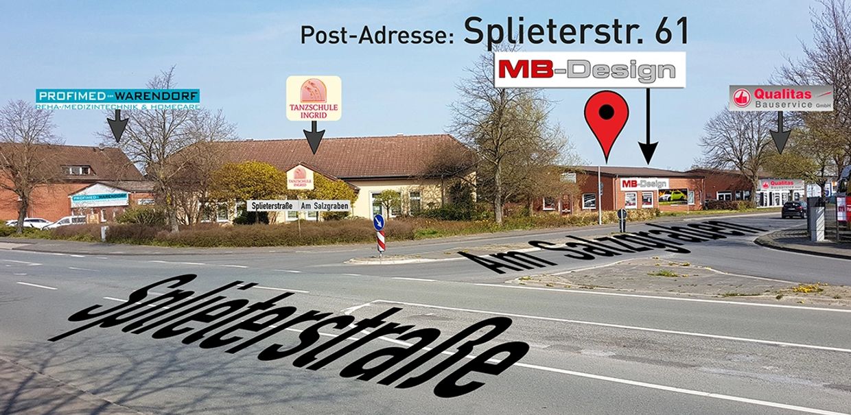 Fotomontage vom Außengebäude der Firma MB-Design und deren Nachbarfirmen mit Straßennamen