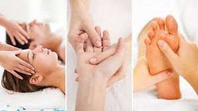 A collage showing head, hand, and foot massages promoting relaxation and wellness.