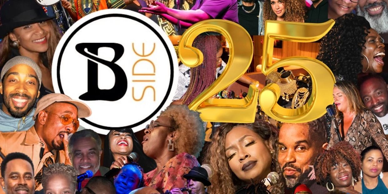 Collage of smiling and singing people with 'B Side 25' logo.