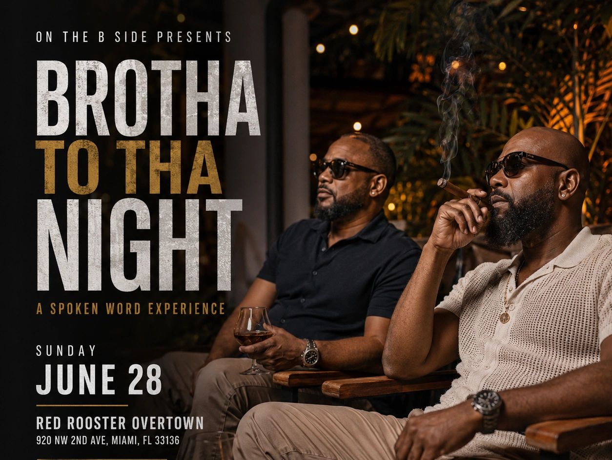 Two men in sunglasses relax with a cigar and drink, promoting Brotha To Tha Night event.