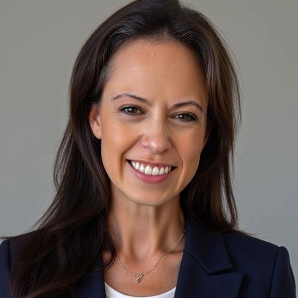 Smiling woman with long brown hair and business attire.
