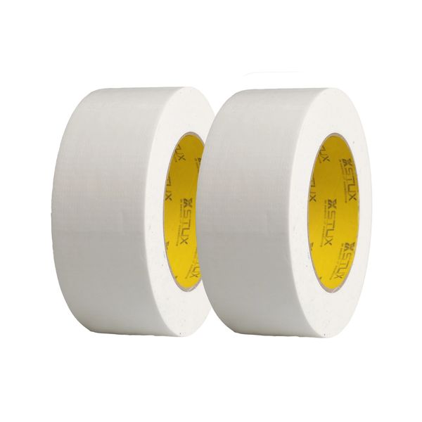 Two rolls of white adhesive tape with yellow inner cores.