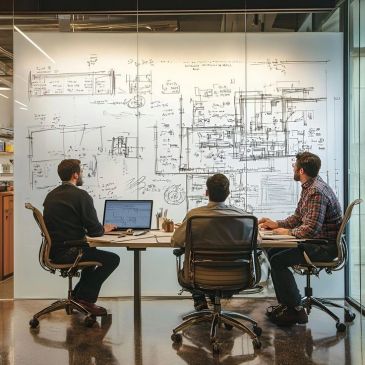 Three men discuss technical schematics on a glass board.