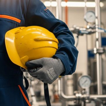 Worker holding a yellow safety helmet in an industrial setting.