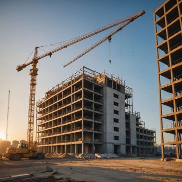 Construction site with cranes and buildings under development at sunset.