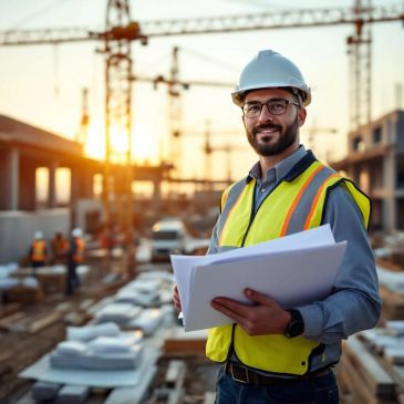 Construction engineer reviewing plans at a building site during sunset.