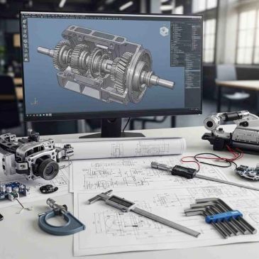 Engineering workspace with 3D gearbox model and technical drawings.