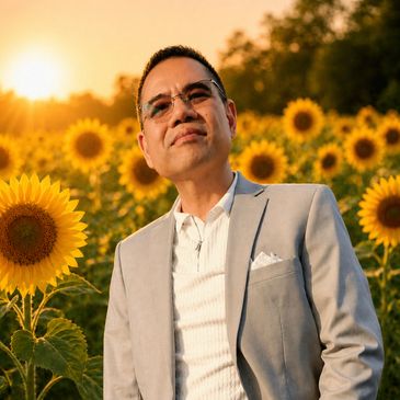 Man in a light gray blazer stands in a sunflower field at sunset.