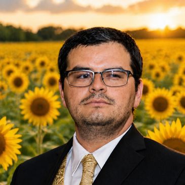 Man in a suit with glasses standing in a sunflower field at sunset.