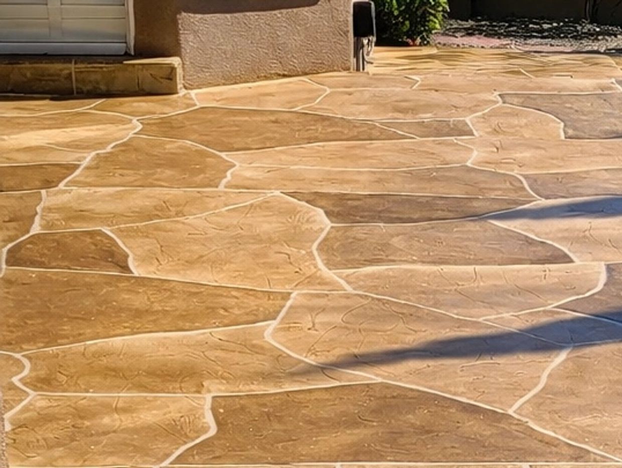 Sunlit backyard patio with stone tiles and greenery.