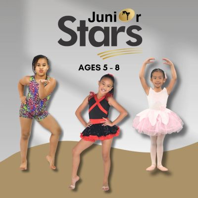 Three young girls in dance costumes posing for a Junior Stars dance class flyer.