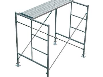 Metal scaffolding frame with platform for construction work.