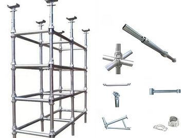 Modular scaffolding system with metal pipes and connectors.