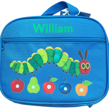 Blue lunchbox with a caterpillar and fruits.