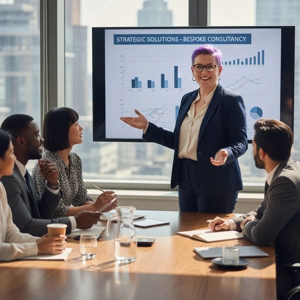 This photorealism image shows a woman providing a presentation to a diverse group of people sitting 