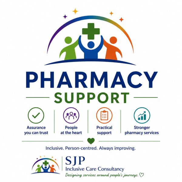 Info-graphic in SJP branded bright colours  states: Pharmacy Support, Assurance you can trust, Peopl