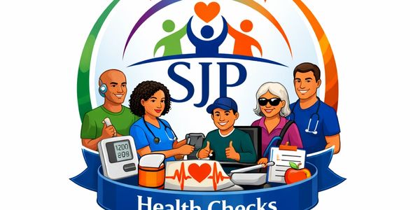 Illustration of diverse healthcare workers promoting SJP Health Checks.