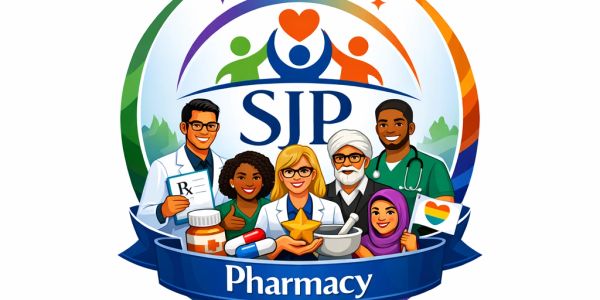 SJP logo with image of  pharmacy staff all smiling and the banner Pharmacy underneath