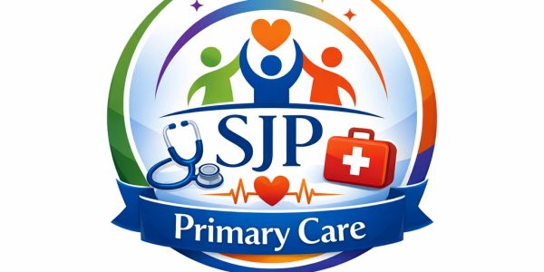 Logo for SJP Primary Care with healthcare symbols and figures.