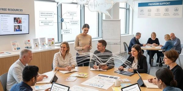 A room with two tables of people all working together 