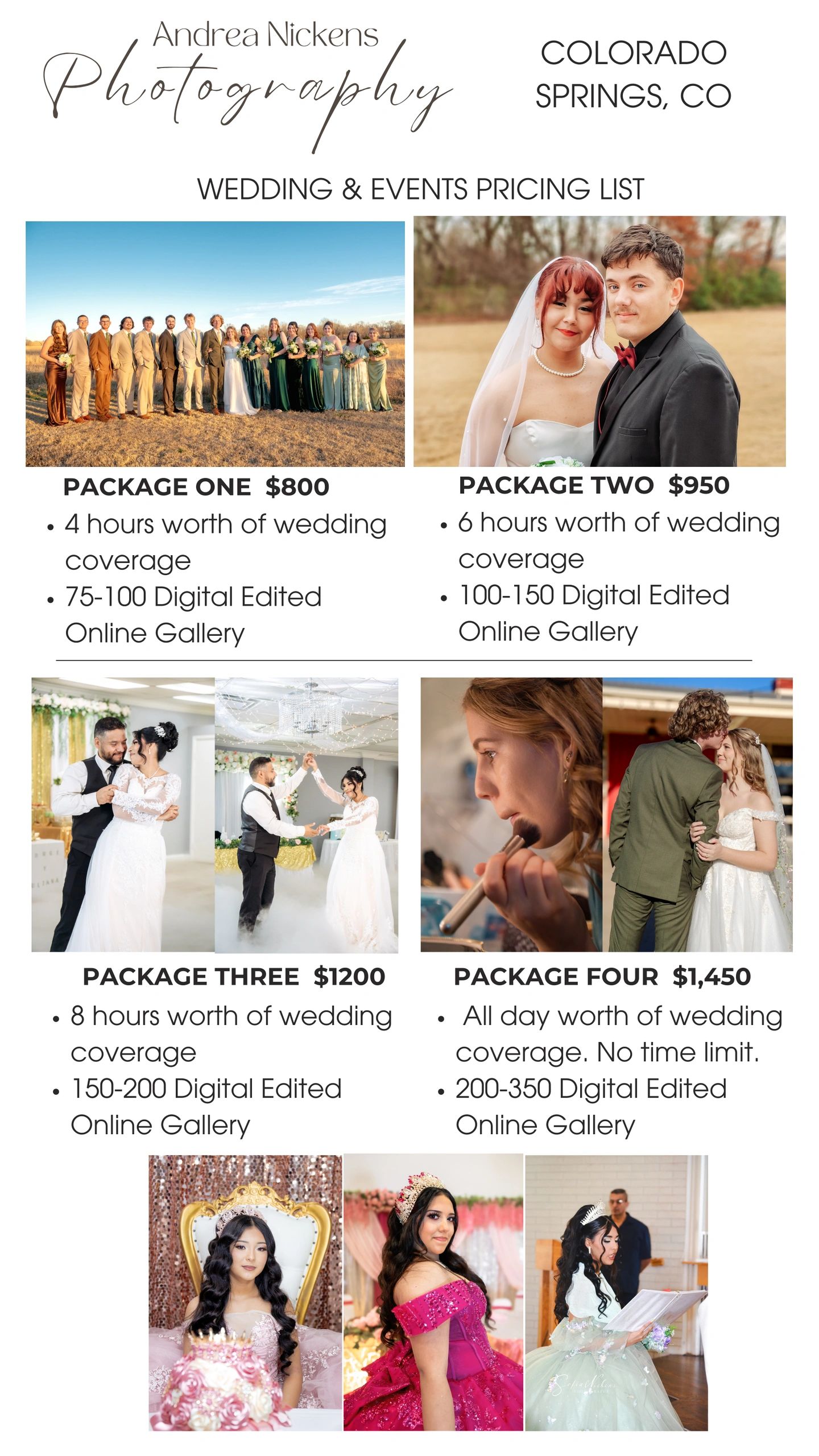 Wedding photography pricing packages with different coverage hours and digital gallery sizes.