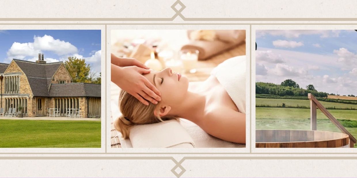 Images showing countryside house, spa massage, and outdoor hot tub.