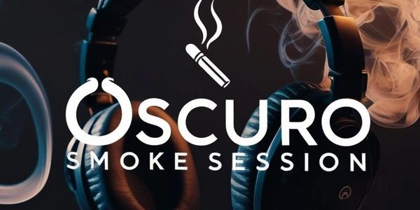 Logo of Oscuro Smoke Session with headphones and smoke.