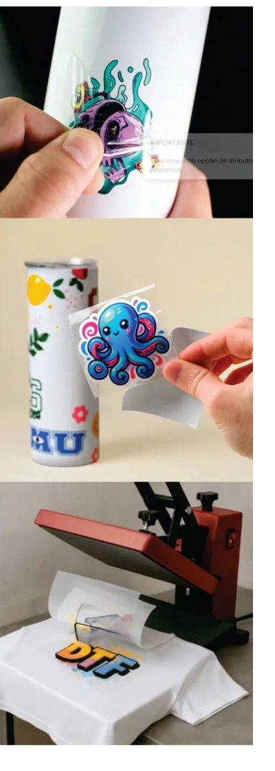 Exemplos de DTF UV e DTF Textil