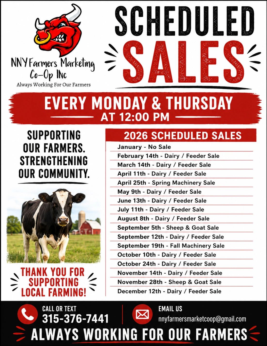 Scheduled sales for farmers every Monday and Thursday at 12 PM in 2026.