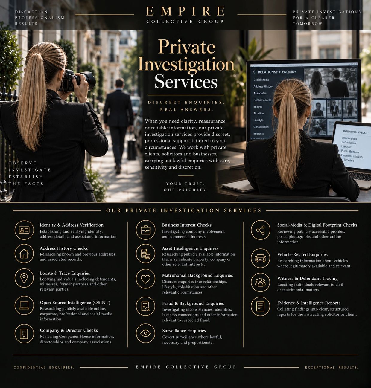 Private investigation service offering discreet enquiries and verification checks.