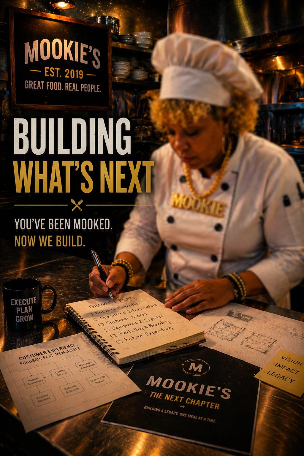 Chef Mookie plans for business growth at Mookie's restaurant.