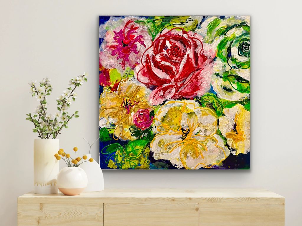 "Garden Expression" is 36" x 36" Acrylic on Canvas 2024 by Holly Hays Wilhelm