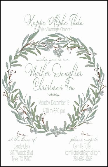 Custom Designed and handprinted Mistletoe Wreath Invitation