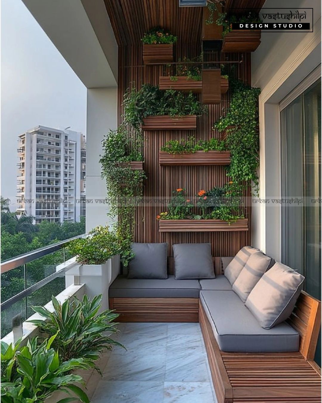 Modern balcony seating with vertical garden and lush greenery.