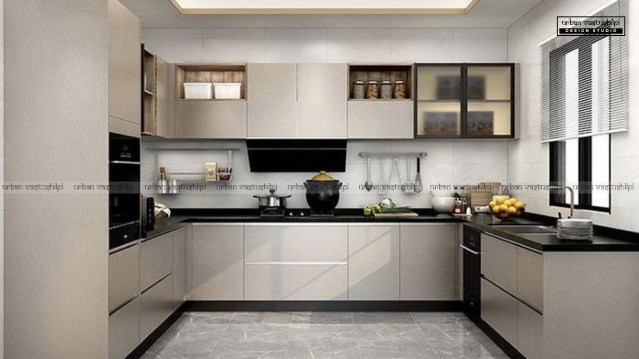 Modern L-shaped kitchen with beige cabinets and black countertops.
