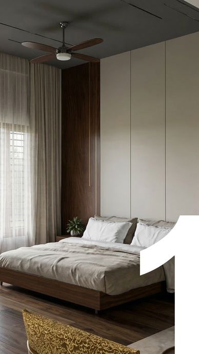 Modern bedroom with wooden bed, beige bedding, and ceiling fan.