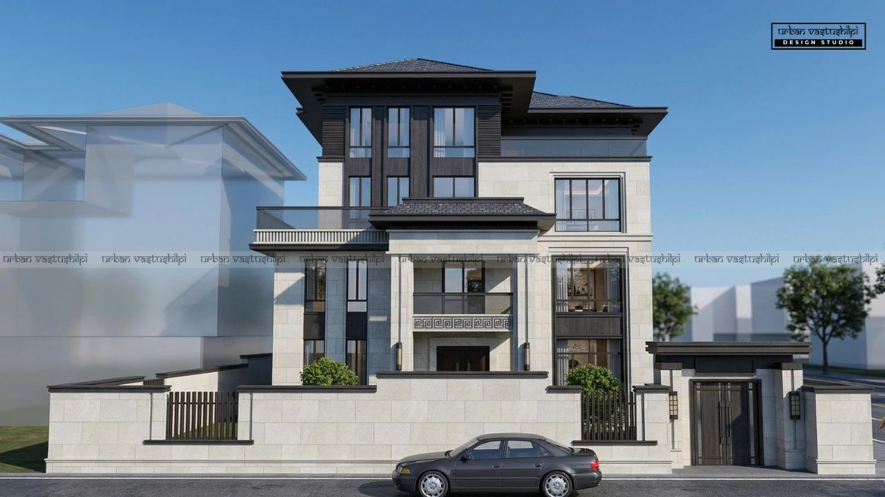 Modern three-story house with stone and dark wood exterior and a black car parked in front.