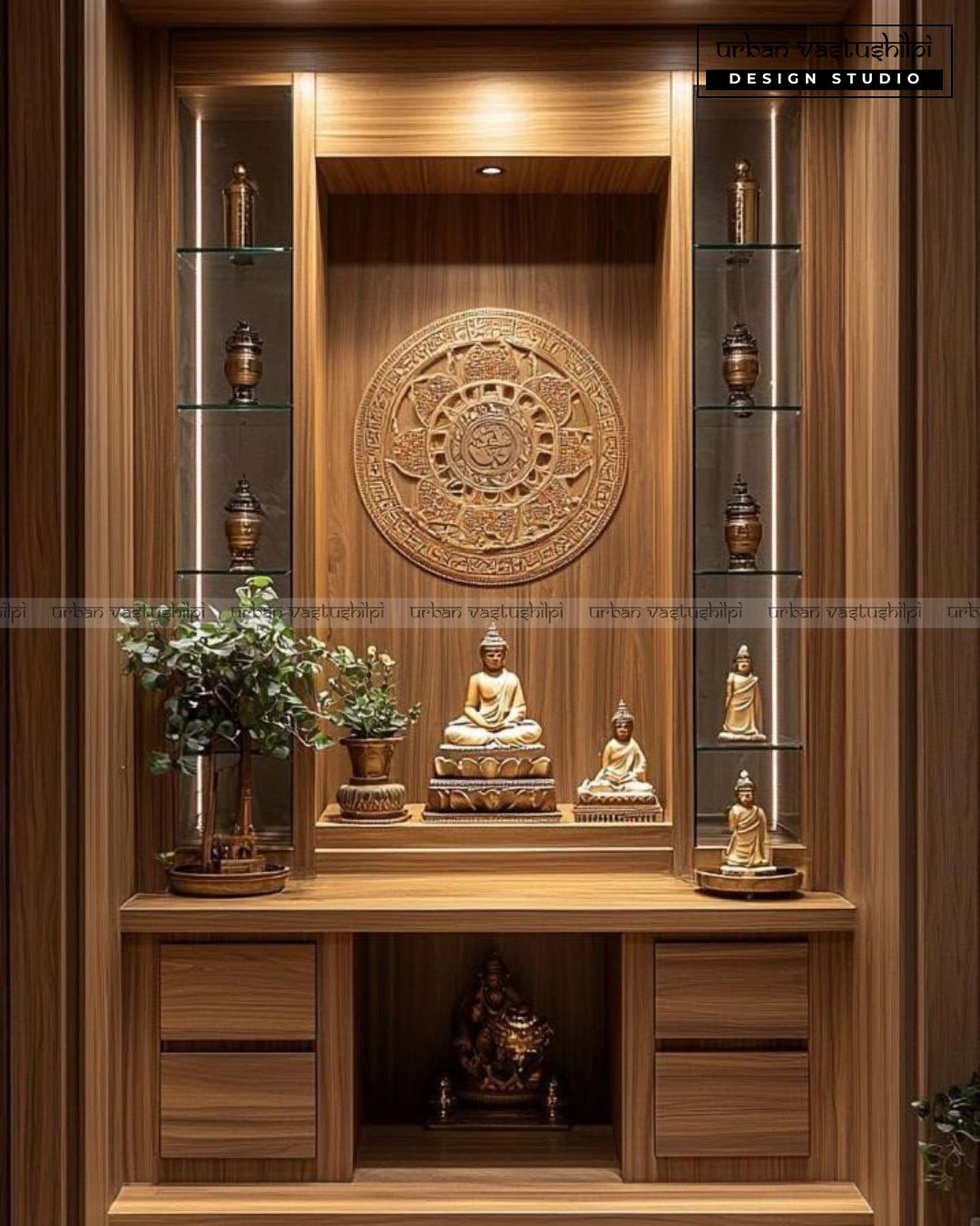 Elegant wooden pooja mandir with Buddha idols and decorative shelves.