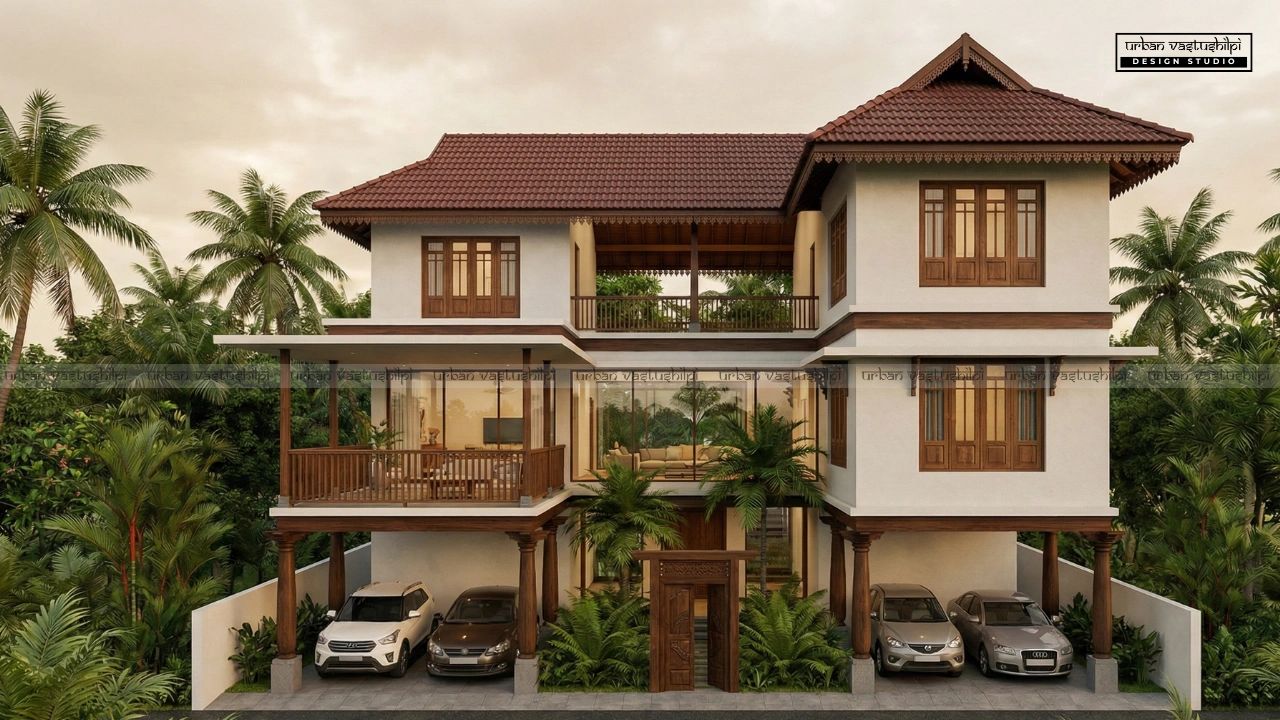 Modern two-story house with wooden accents and lush greenery.