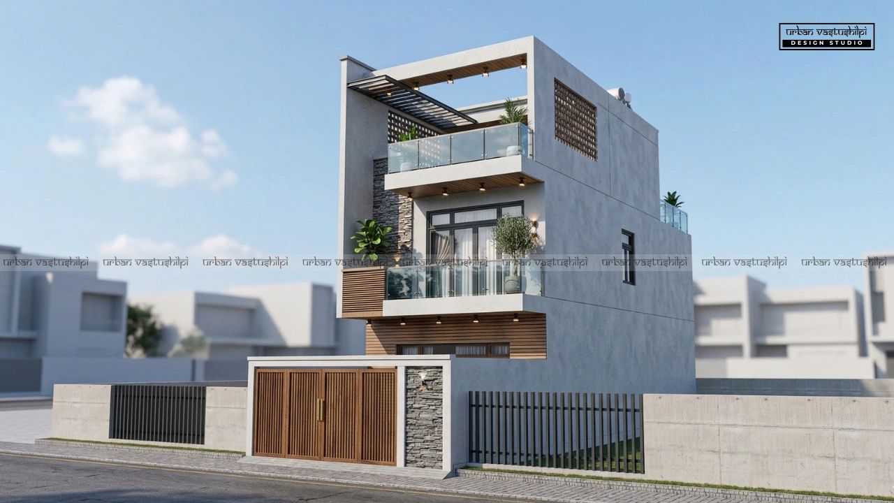 Modern three-story house with glass balconies and wooden accents.