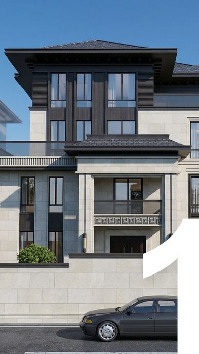 Modern multi-story house with large windows and a black car parked outside.