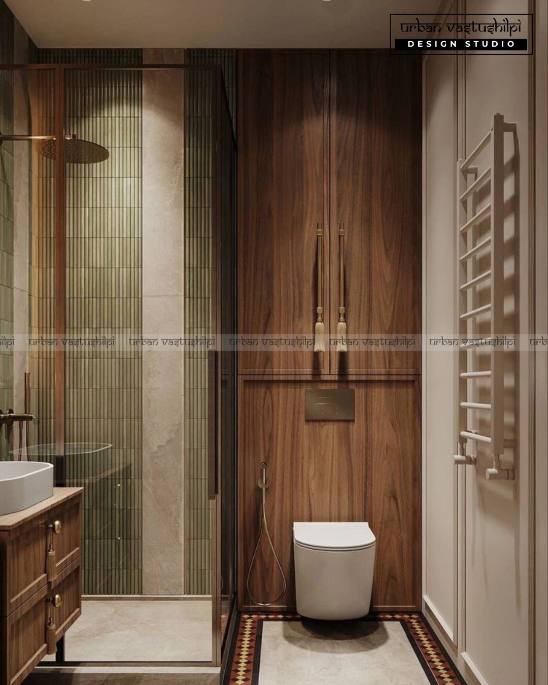 Modern bathroom with wood accents and a glass shower enclosure.