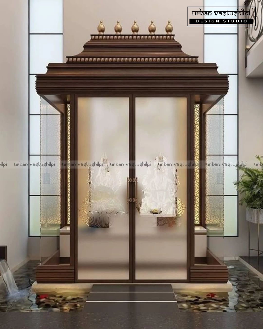 Stylish wooden temple with frosted glass doors and indoor water feature.