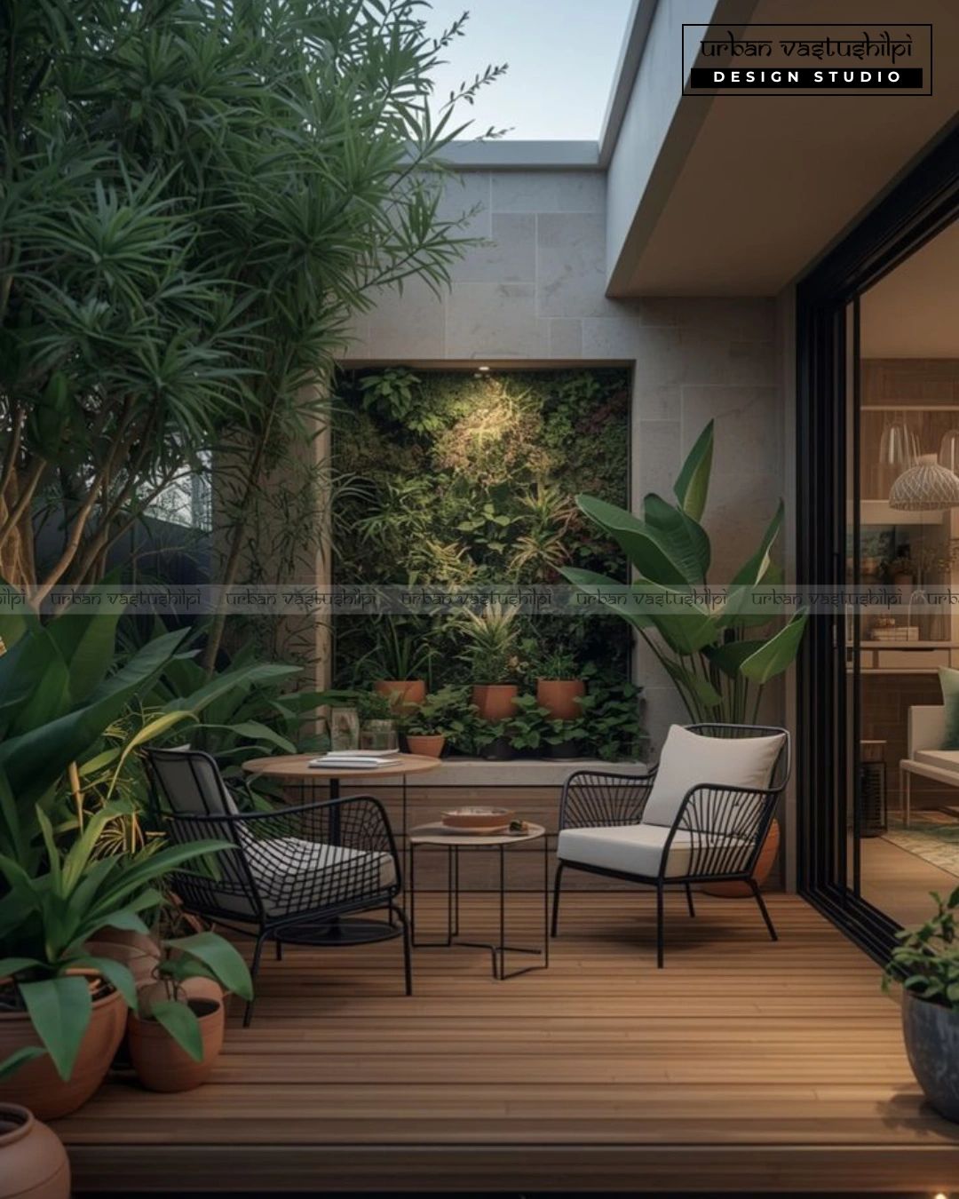 Cozy outdoor patio with modern chairs and lush greenery.