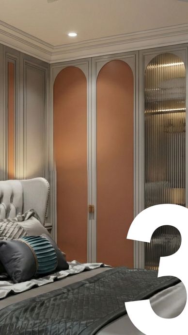 Elegant bedroom corner with tufted headboard and stylish wardrobe.