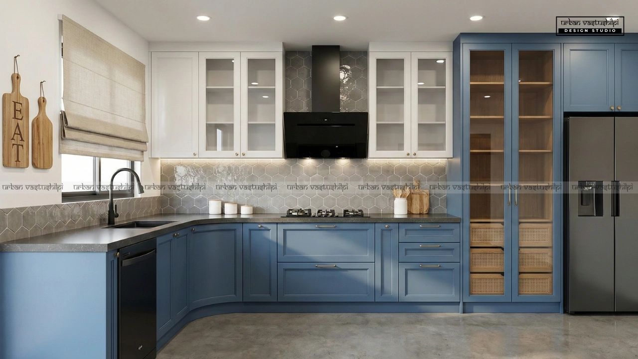 Modern kitchen with blue cabinets and hexagonal tile backsplash.