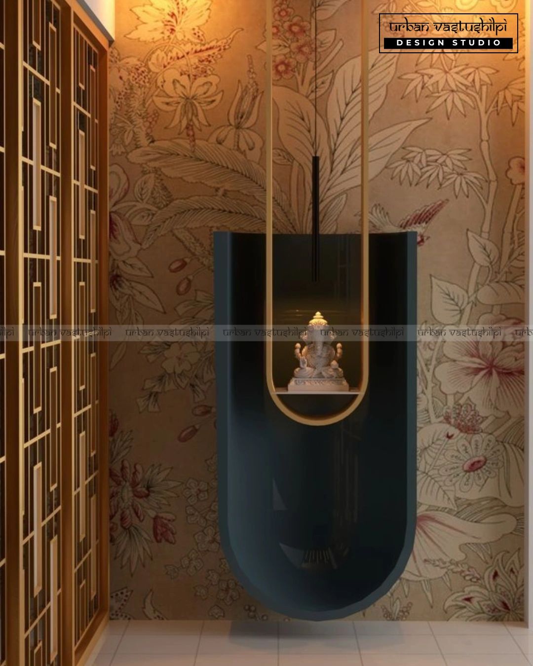 Modern pooja room with a hanging black altar and floral wallpaper.