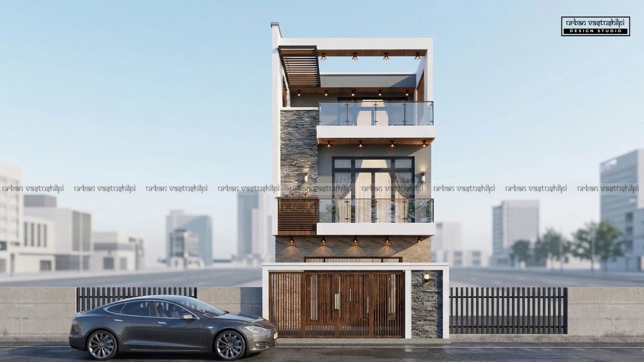 Modern three-story house with stone accents and glass balconies.