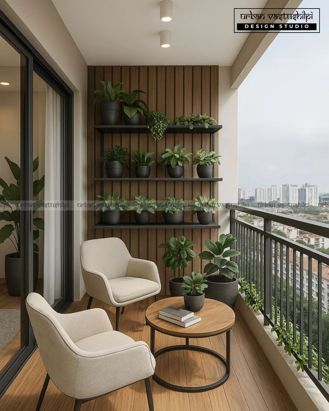 Modern balcony with beige armchairs, wooden table, and green plants on shelves and floor.